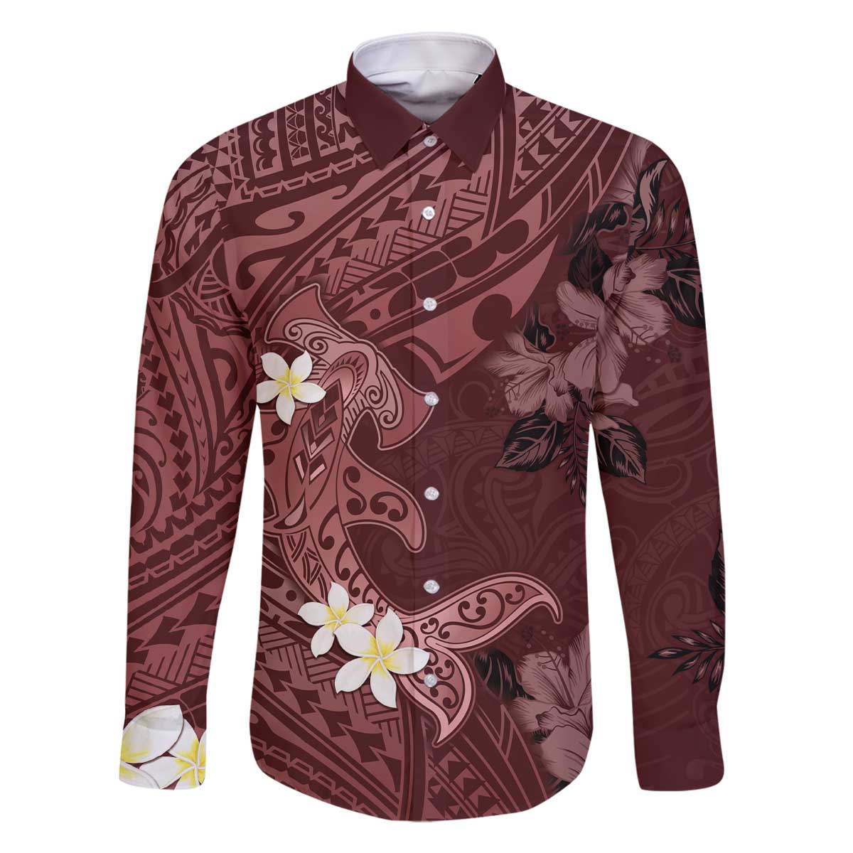 Polynesia Hammerhead Shark Family Matching Off Shoulder Short Dress and Hawaiian Shirt Tropical Flowers Tribal Pattern Oxblood LT05 Dad's Shirt - Long Sleeve Oxblood - Polynesian Pride