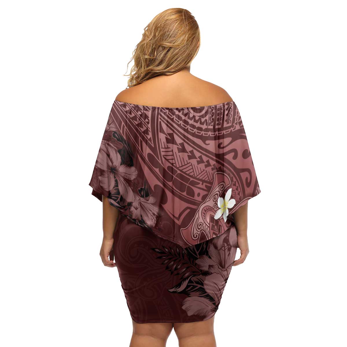 Polynesia Hammerhead Shark Family Matching Off Shoulder Short Dress and Hawaiian Shirt Tropical Flowers Tribal Pattern Oxblood LT05 - Polynesian Pride