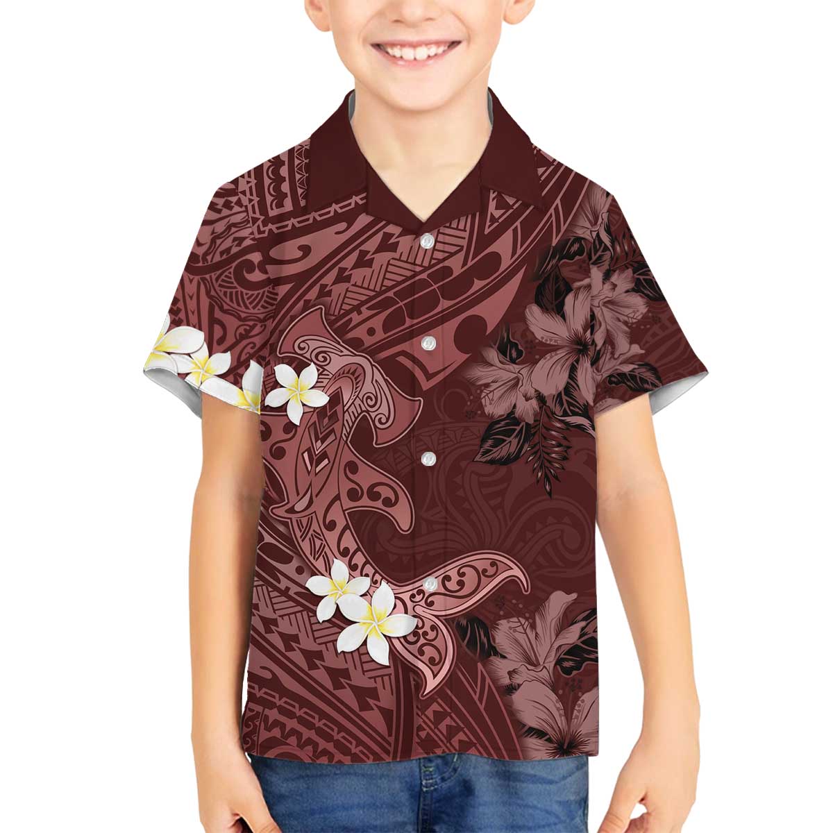 Polynesia Hammerhead Shark Family Matching Off Shoulder Short Dress and Hawaiian Shirt Tropical Flowers Tribal Pattern Oxblood LT05 Son's Shirt Oxblood - Polynesian Pride