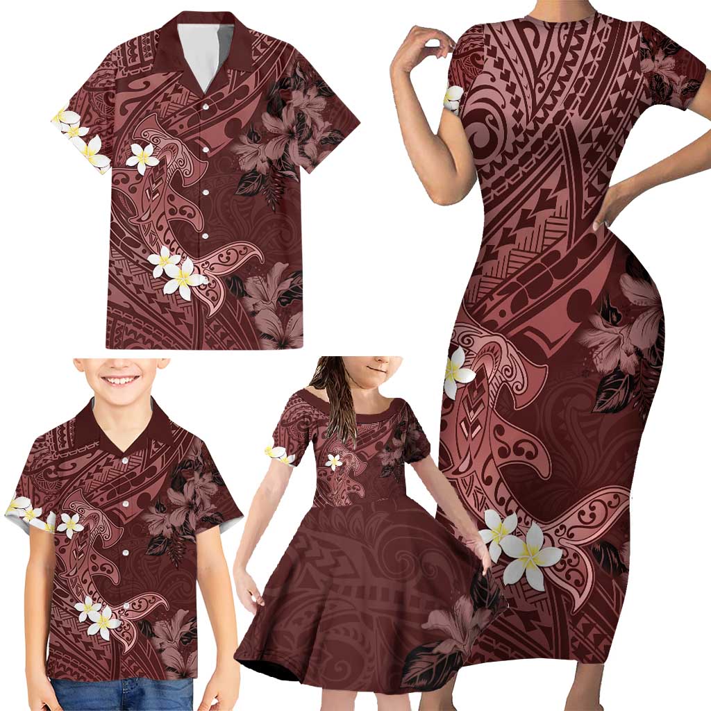Polynesia Hammerhead Shark Family Matching Short Sleeve Bodycon Dress and Hawaiian Shirt Tropical Flowers Tribal Pattern Oxblood LT05 - Polynesian Pride