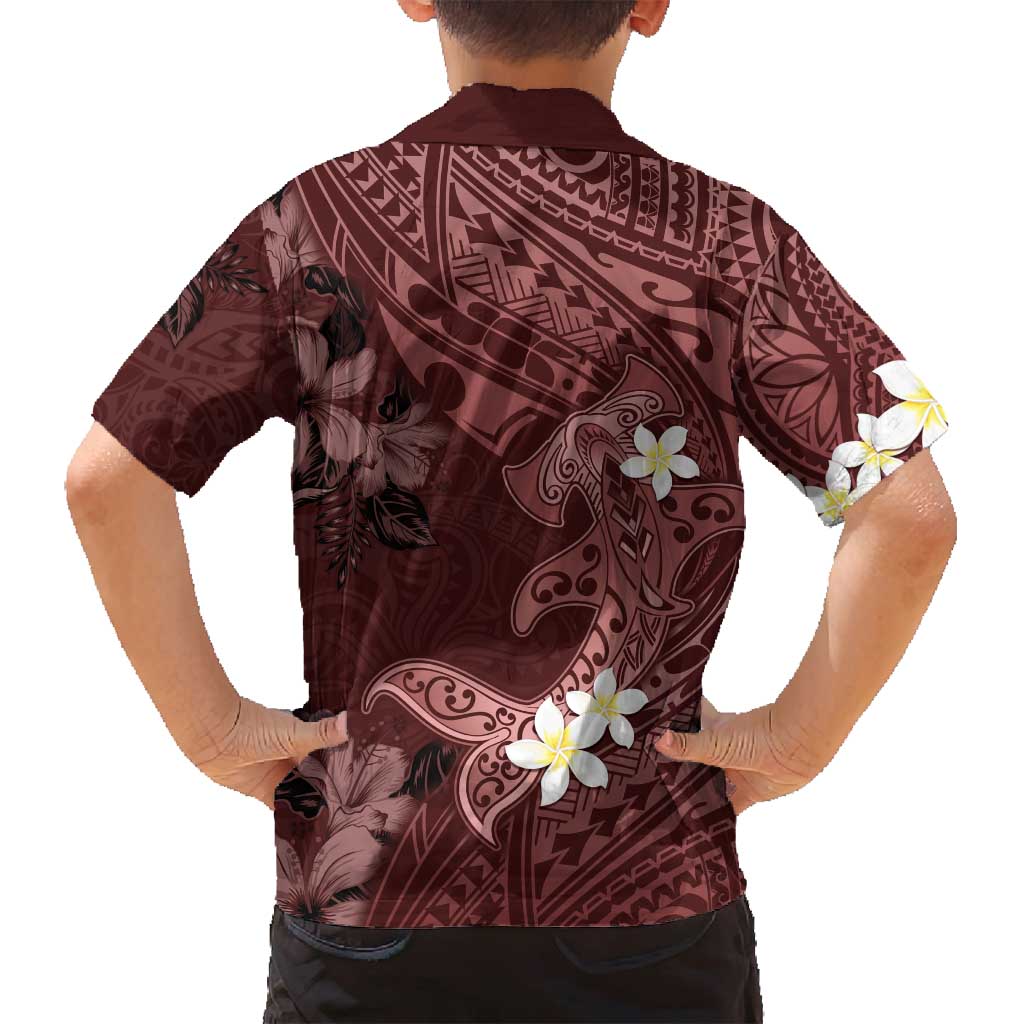 Polynesia Hammerhead Shark Family Matching Summer Maxi Dress and Hawaiian Shirt Tropical Flowers Tribal Pattern Oxblood LT05 - Polynesian Pride
