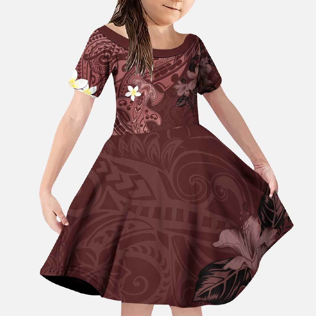 Polynesia Hammerhead Shark Family Matching Summer Maxi Dress and Hawaiian Shirt Tropical Flowers Tribal Pattern Oxblood LT05 Daughter's Dress Oxblood - Polynesian Pride
