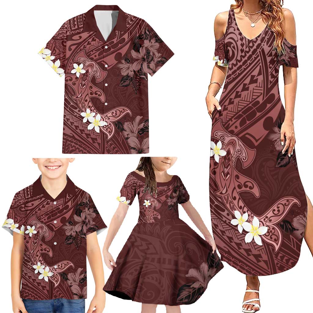 Polynesia Hammerhead Shark Family Matching Summer Maxi Dress and Hawaiian Shirt Tropical Flowers Tribal Pattern Oxblood LT05 - Polynesian Pride
