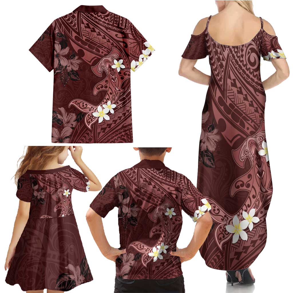 Polynesia Hammerhead Shark Family Matching Summer Maxi Dress and Hawaiian Shirt Tropical Flowers Tribal Pattern Oxblood LT05 - Polynesian Pride