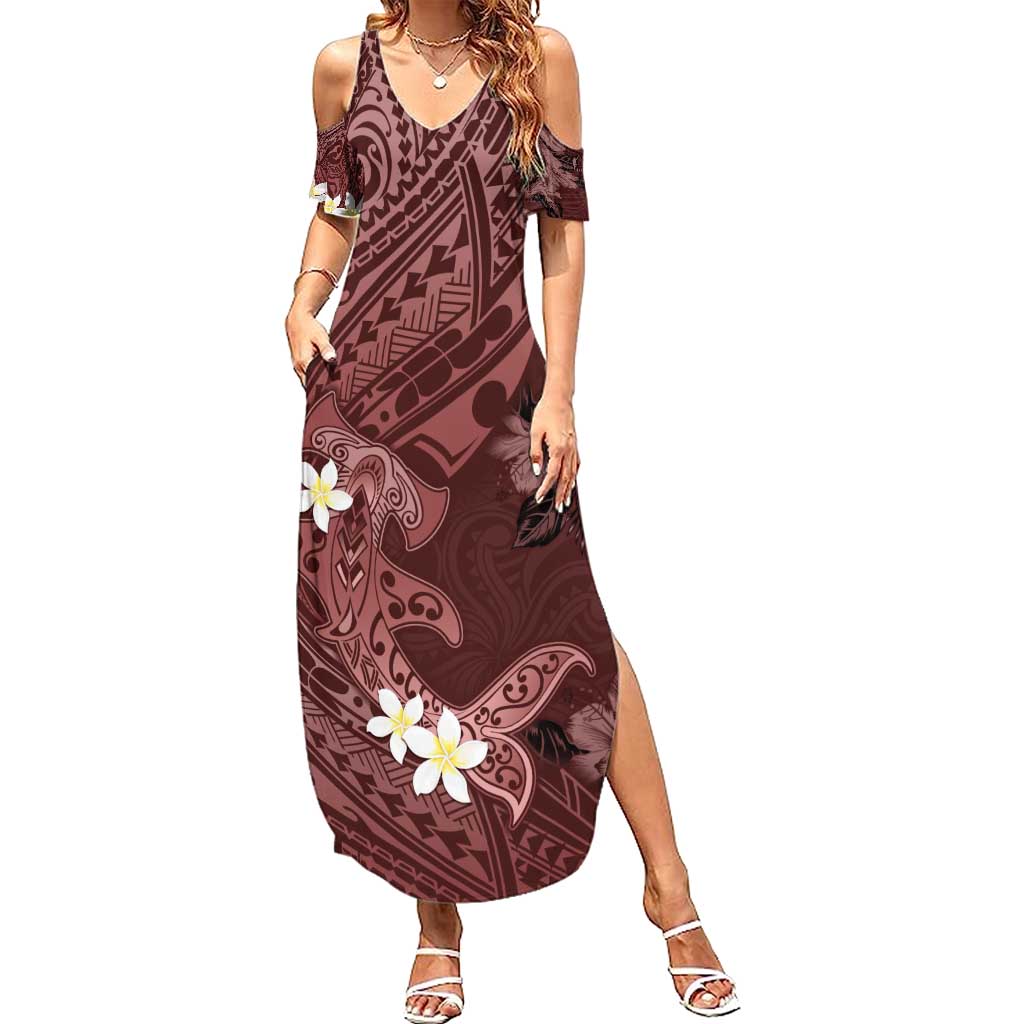 Polynesia Hammerhead Shark Family Matching Summer Maxi Dress and Hawaiian Shirt Tropical Flowers Tribal Pattern Oxblood LT05 Mom's Dress Oxblood - Polynesian Pride