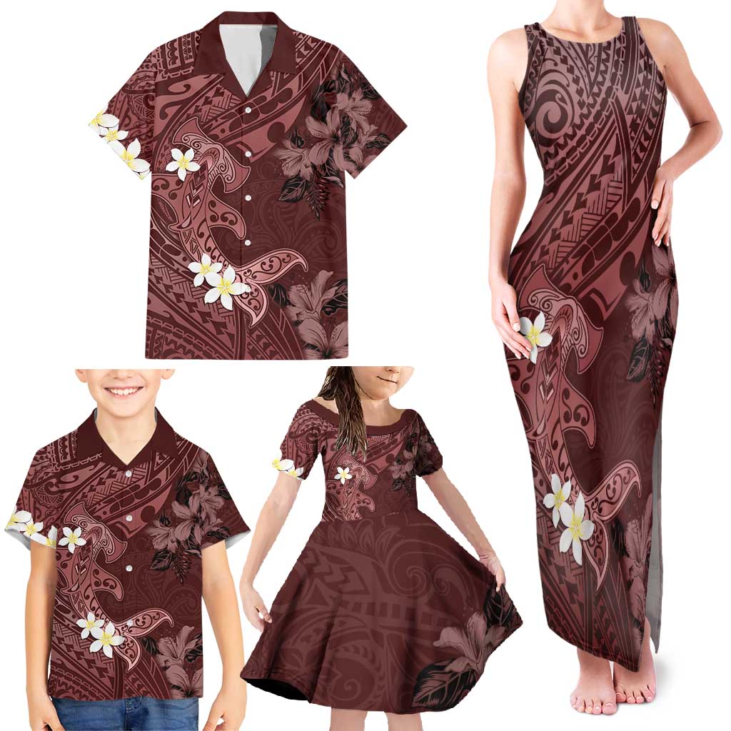 Polynesia Hammerhead Shark Family Matching Tank Maxi Dress and Hawaiian Shirt Tropical Flowers Tribal Pattern Oxblood LT05 - Polynesian Pride
