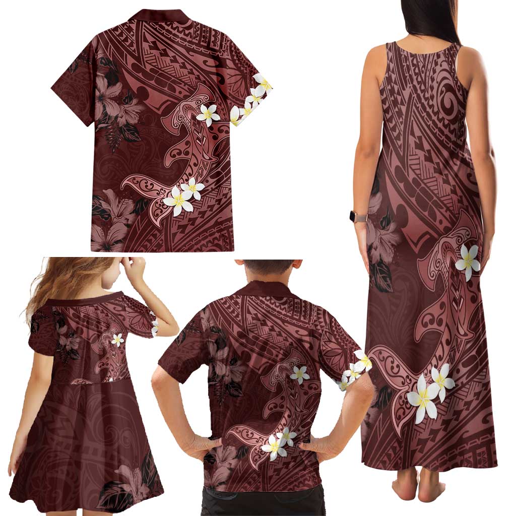 Polynesia Hammerhead Shark Family Matching Tank Maxi Dress and Hawaiian Shirt Tropical Flowers Tribal Pattern Oxblood LT05 - Polynesian Pride