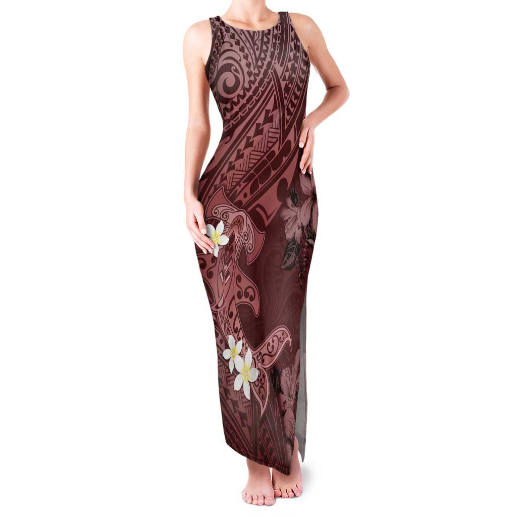 Polynesia Hammerhead Shark Family Matching Tank Maxi Dress and Hawaiian Shirt Tropical Flowers Tribal Pattern Oxblood LT05 Mom's Dress Oxblood - Polynesian Pride