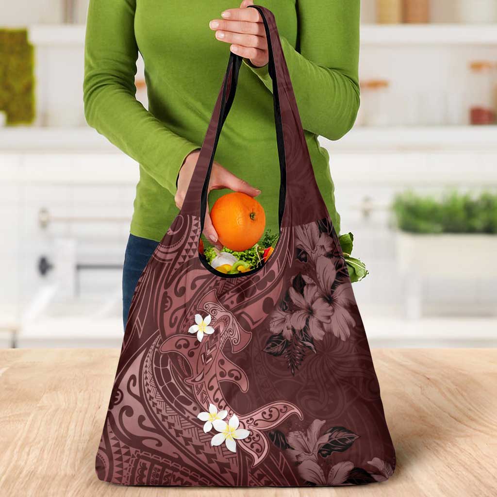 Polynesia Hammerhead Shark Grocery Bag Tropical Flowers Tribal Pattern Oxblood LT05 - Polynesian Pride