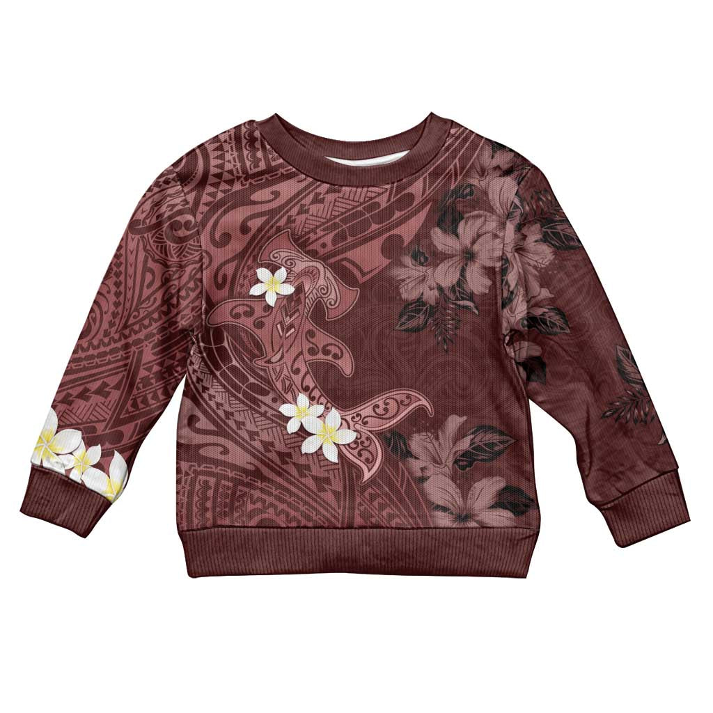 Polynesia Hammerhead Shark Kid Ugly Christmas Sweater Tropical Flowers Tribal Pattern Oxblood