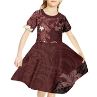 Polynesia Hammerhead Shark Kid Short Sleeve Dress Tropical Flowers Tribal Pattern Oxblood