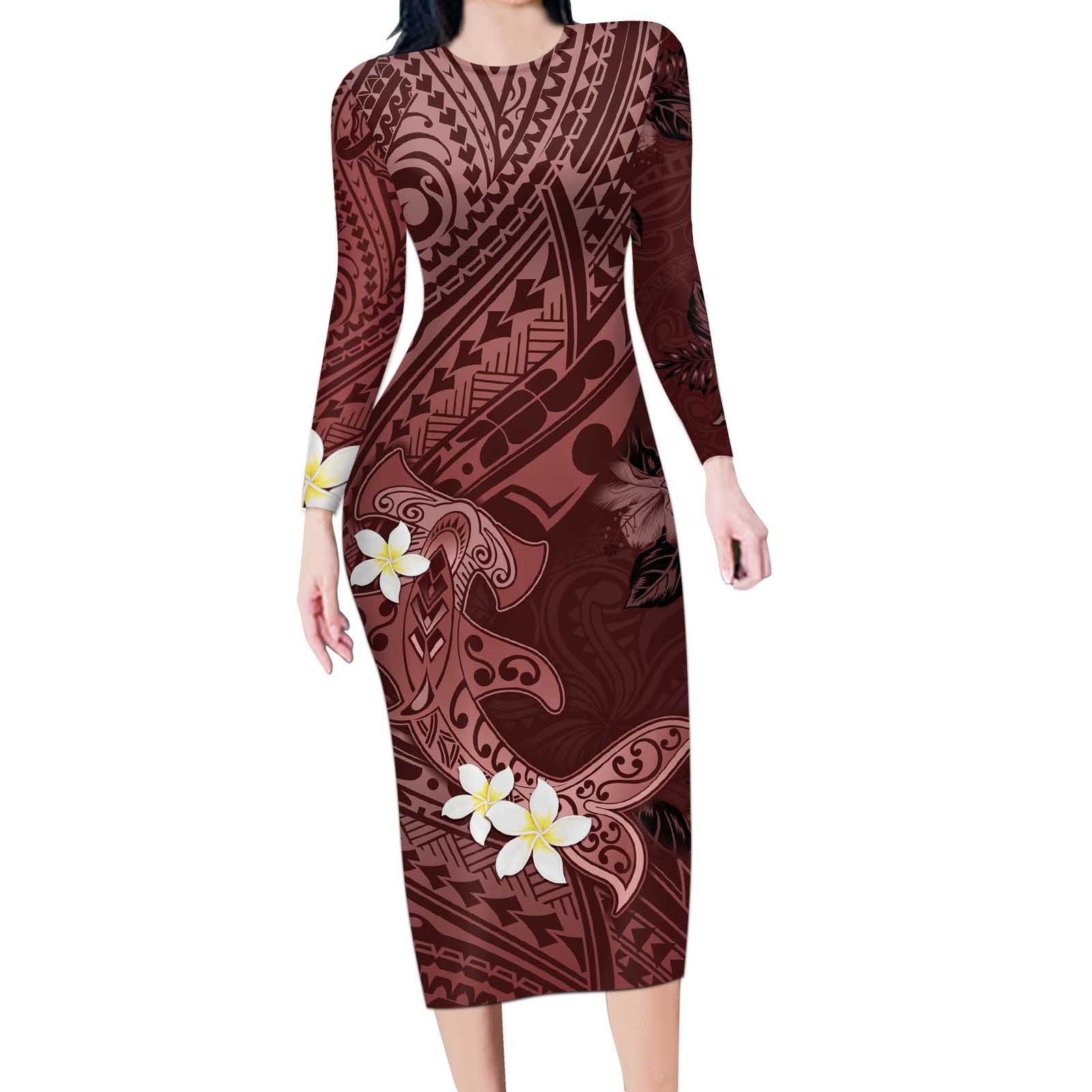 Polynesia Hammerhead Shark Long Sleeve Bodycon Dress Tropical Flowers Tribal Pattern Oxblood LT05 Long Dress Oxblood - Polynesian Pride
