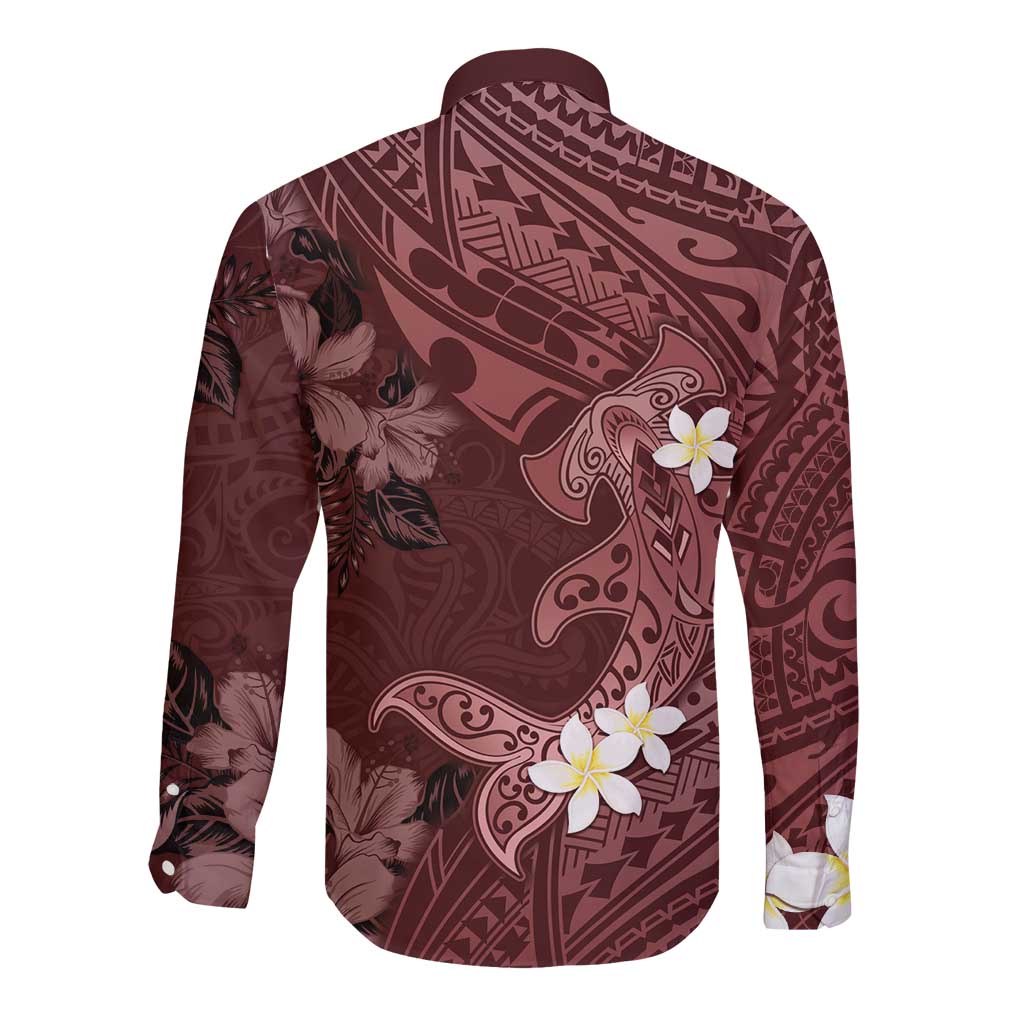 Polynesia Hammerhead Shark Long Sleeve Button Shirt Tropical Flowers Tribal Pattern Oxblood