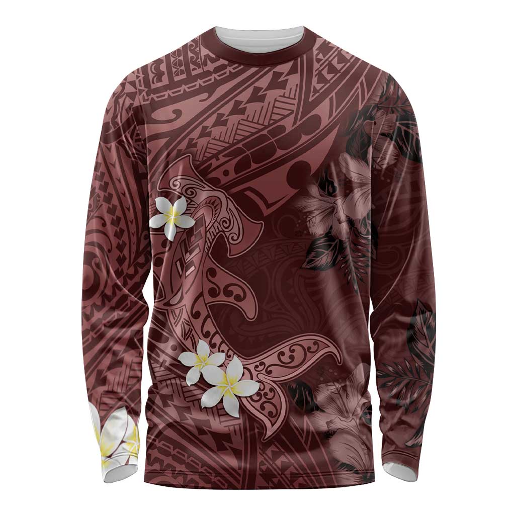 Polynesia Hammerhead Shark Long Sleeve Shirt Tropical Flowers Tribal Pattern Oxblood LT05 Unisex Oxblood - Polynesian Pride