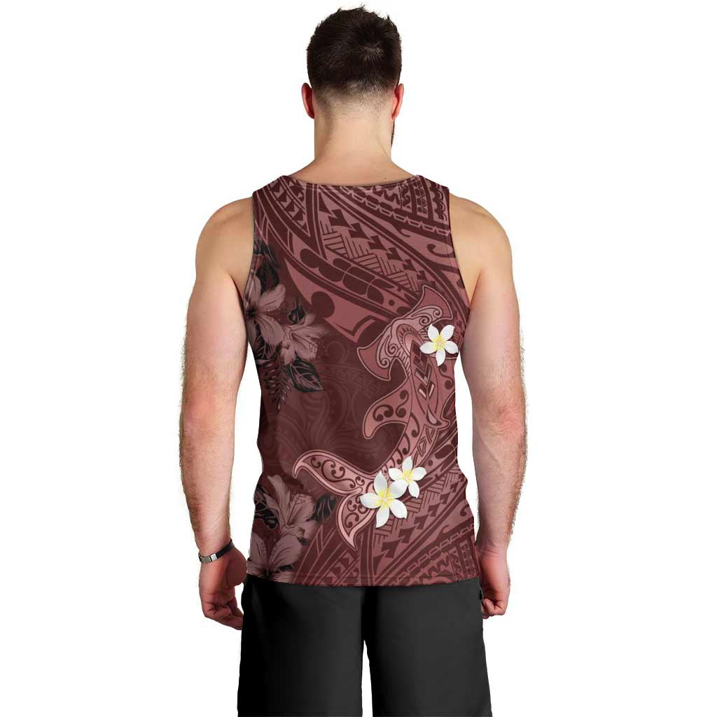 Polynesia Hammerhead Shark Men Tank Top Tropical Flowers Tribal Pattern Oxblood