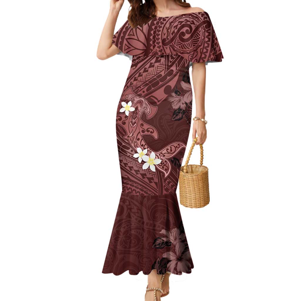 Polynesia Hammerhead Shark Mermaid Dress Tropical Flowers Tribal Pattern Oxblood LT05 Women Oxblood - Polynesian Pride
