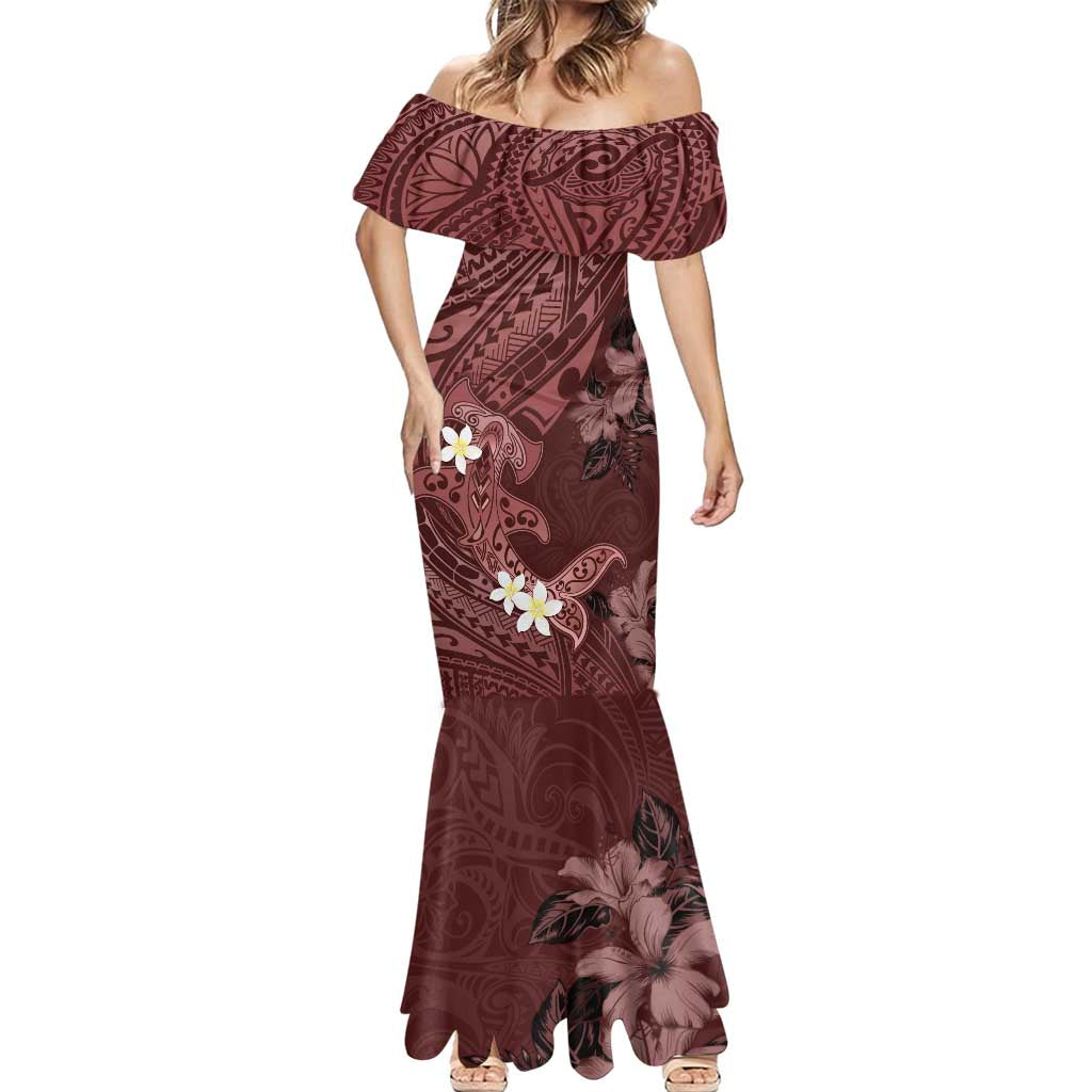Polynesia Hammerhead Shark Mermaid Dress Tropical Flowers Tribal Pattern Oxblood