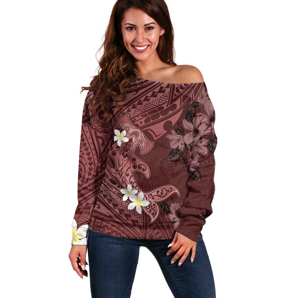Polynesia Hammerhead Shark Off Shoulder Sweater Tropical Flowers Tribal Pattern Oxblood LT05 Women Oxblood - Polynesian Pride