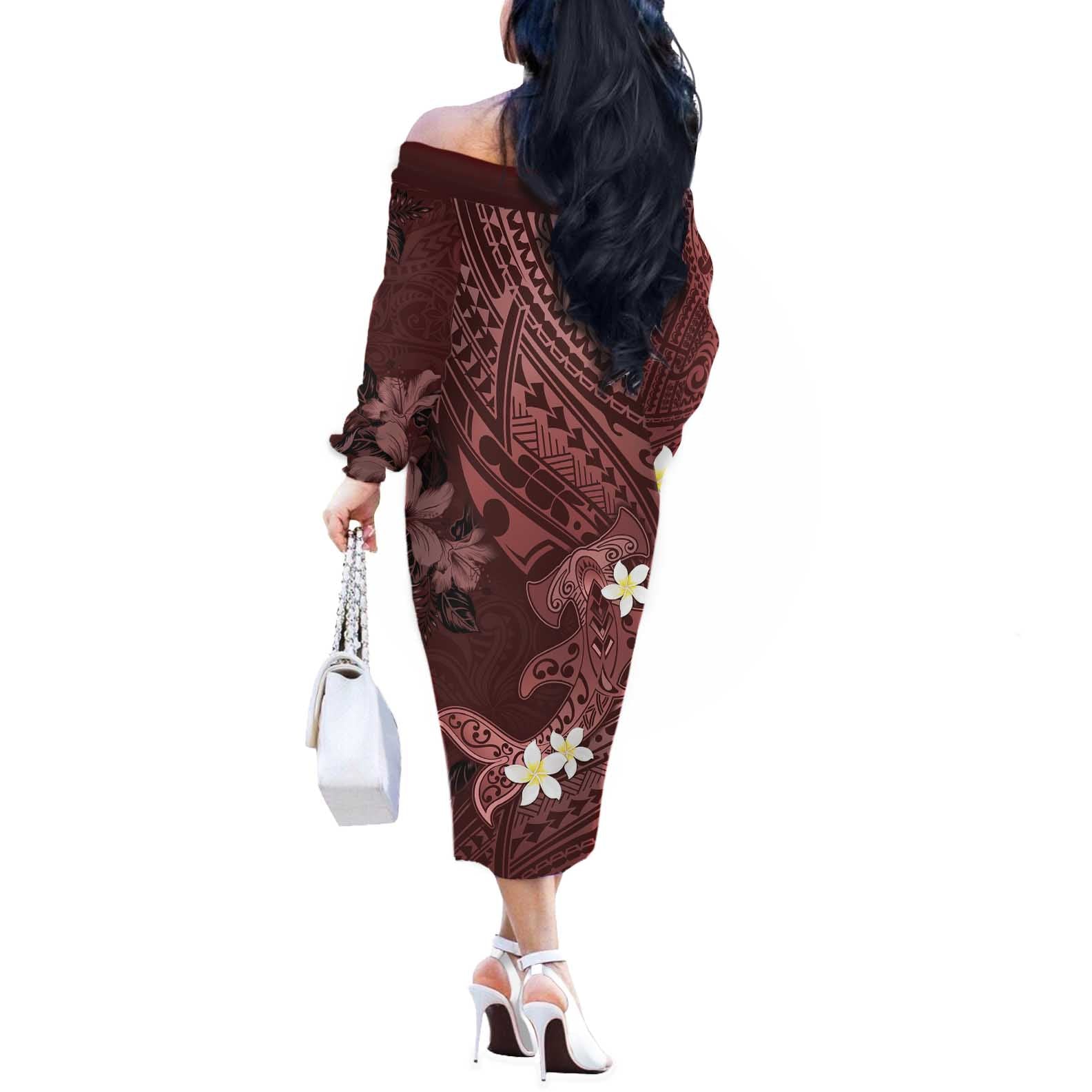 Polynesia Hammerhead Shark Off The Shoulder Long Sleeve Dress Tropical Flowers Tribal Pattern Oxblood LT05 - Polynesian Pride