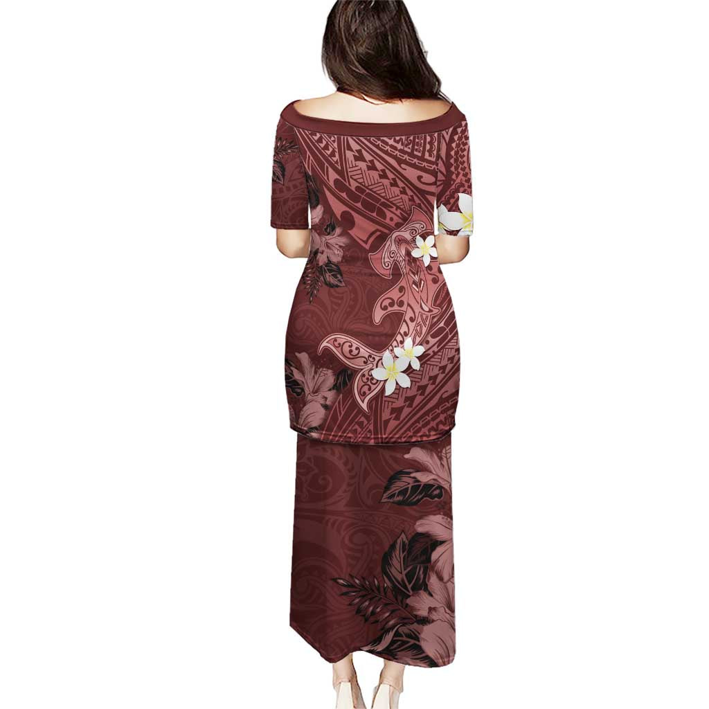 Polynesia Hammerhead Shark Puletasi Tropical Flowers Tribal Pattern Oxblood