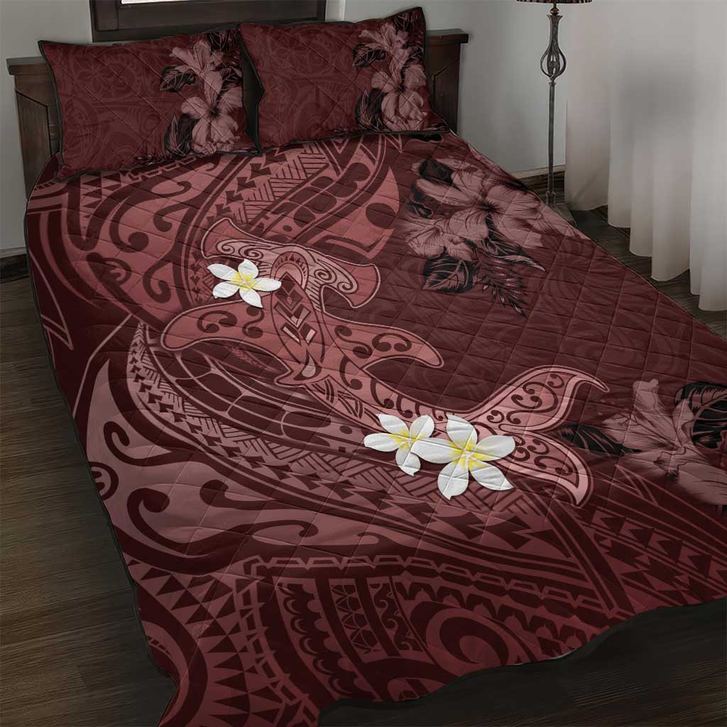 Polynesia Hammerhead Shark Quilt Bed Set Tropical Flowers Tribal Pattern Oxblood LT05 Oxblood - Polynesian Pride