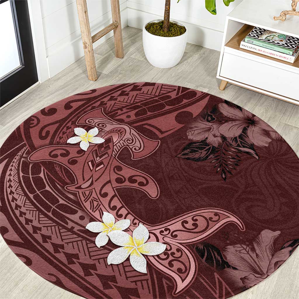 Polynesia Hammerhead Shark Round Carpet Tropical Flowers Tribal Pattern Oxblood LT05 Oxblood - Polynesian Pride