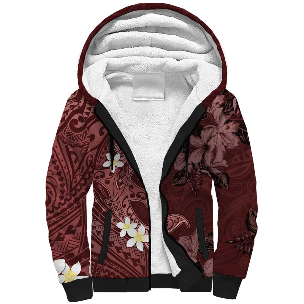 Polynesia Hammerhead Shark Sherpa Hoodie Tropical Flowers Tribal Pattern Oxblood LT05 Unisex Oxblood - Polynesian Pride