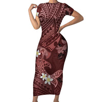 Polynesia Hammerhead Shark Short Sleeve Bodycon Dress Tropical Flowers Tribal Pattern Oxblood LT05 Long Dress Oxblood - Polynesian Pride