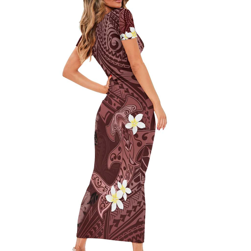 Polynesia Hammerhead Shark Short Sleeve Bodycon Dress Tropical Flowers Tribal Pattern Oxblood LT05 - Polynesian Pride