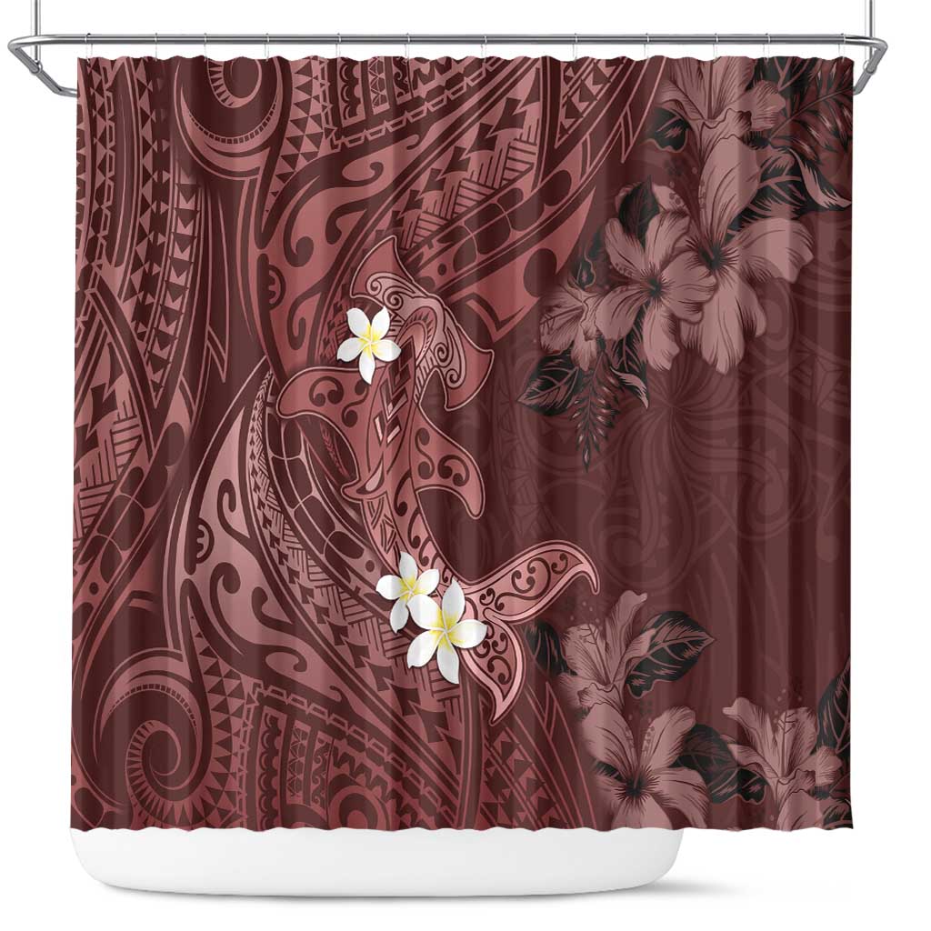 Polynesia Hammerhead Shark Shower Curtain Tropical Flowers Tribal Pattern Oxblood LT05 Oxblood - Polynesian Pride