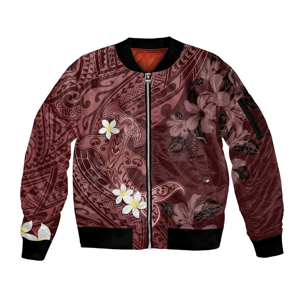Polynesia Hammerhead Shark Sleeve Zip Bomber Jacket Tropical Flowers Tribal Pattern Oxblood LT05 Unisex Oxblood - Polynesian Pride
