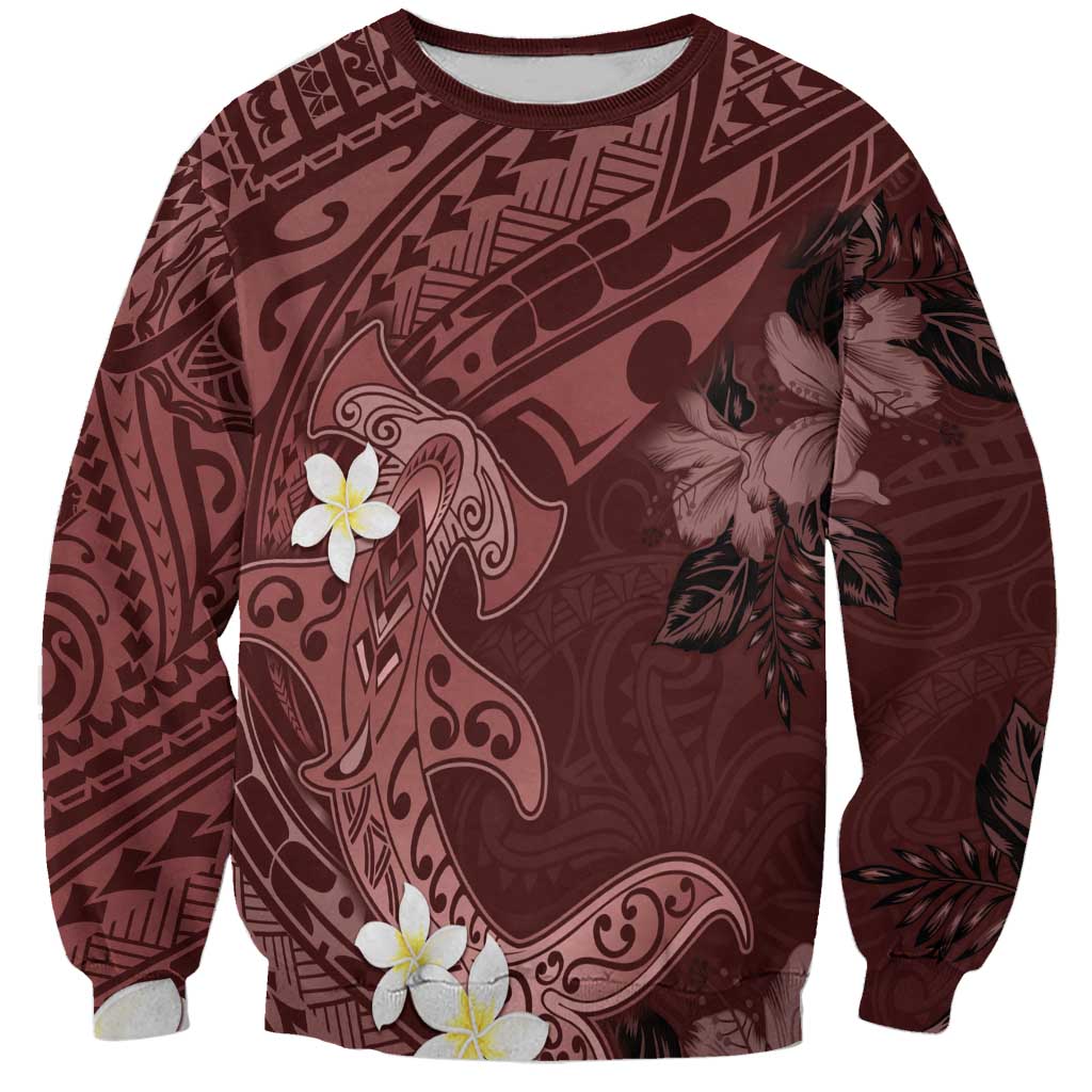 Polynesia Hammerhead Shark Sweatshirt Tropical Flowers Tribal Pattern Oxblood