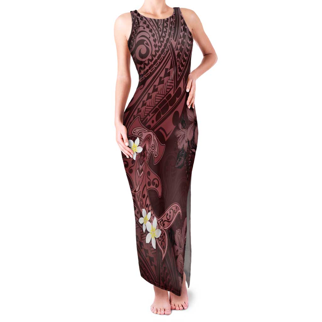 Polynesia Hammerhead Shark Tank Maxi Dress Tropical Flowers Tribal Pattern Oxblood