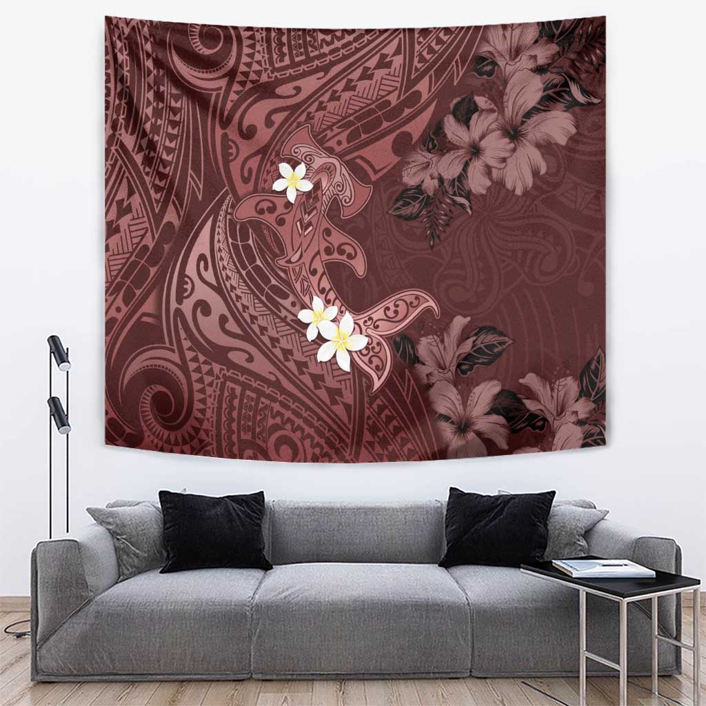 Polynesia Hammerhead Shark Tapestry Tropical Flowers Tribal Pattern Oxblood LT05 Oxblood - Polynesian Pride