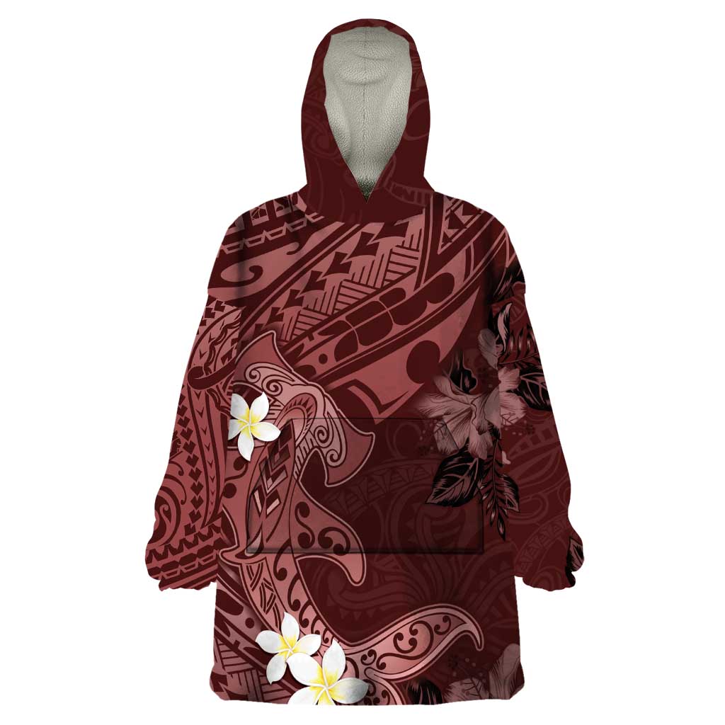 Polynesia Hammerhead Shark Wearable Blanket Hoodie Tropical Flowers Tribal Pattern Oxblood LT05 One Size Oxblood - Polynesian Pride