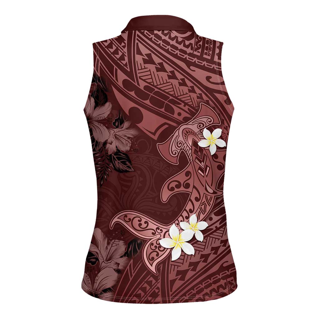 Polynesia Hammerhead Shark Women Sleeveless Polo Shirt Tropical Flowers Tribal Pattern Oxblood