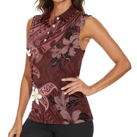 Polynesia Hammerhead Shark Women Sleeveless Polo Shirt Tropical Flowers Tribal Pattern Oxblood