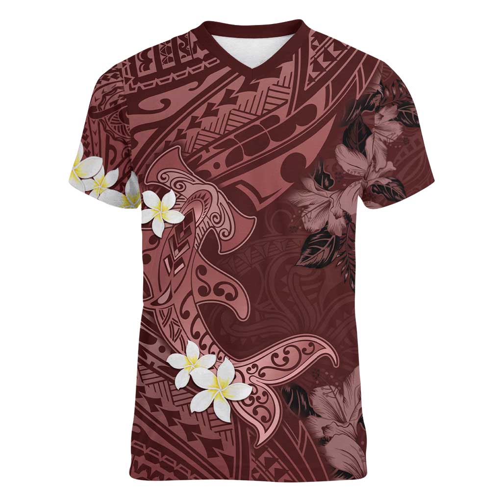 Polynesia Hammerhead Shark Women V-Neck T-Shirt Tropical Flowers Tribal Pattern Oxblood LT05 Female Oxblood - Polynesian Pride