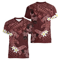 Polynesia Hammerhead Shark Women V-Neck T-Shirt Tropical Flowers Tribal Pattern Oxblood