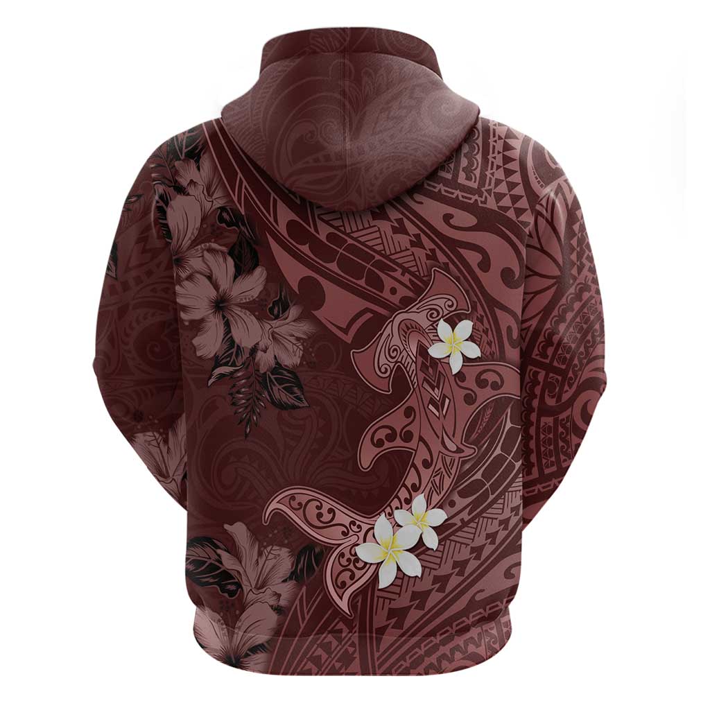 Polynesia Hammerhead Shark Zip Hoodie Tropical Flowers Tribal Pattern Oxblood LT05 - Polynesian Pride