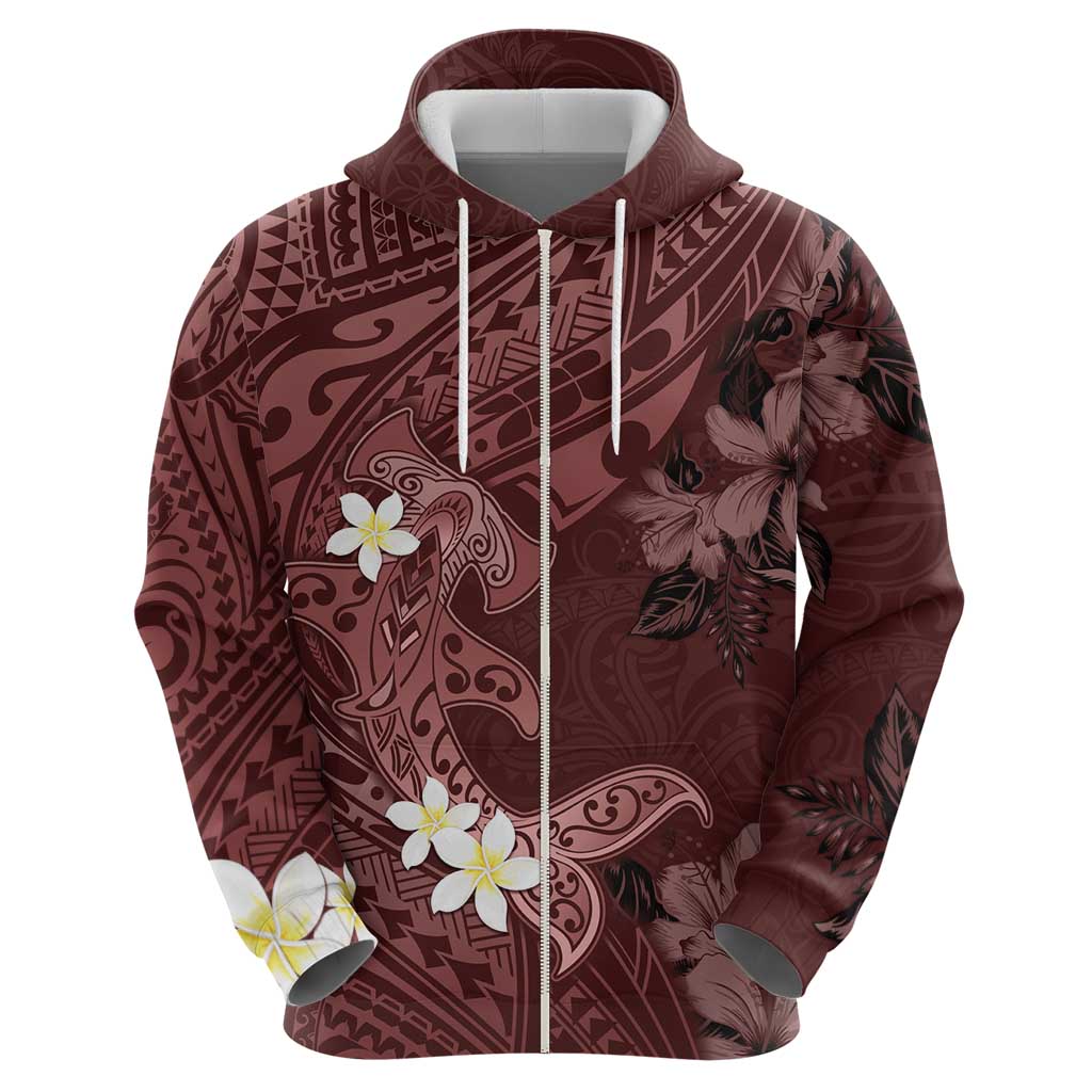 Polynesia Hammerhead Shark Zip Hoodie Tropical Flowers Tribal Pattern Oxblood LT05 - Polynesian Pride