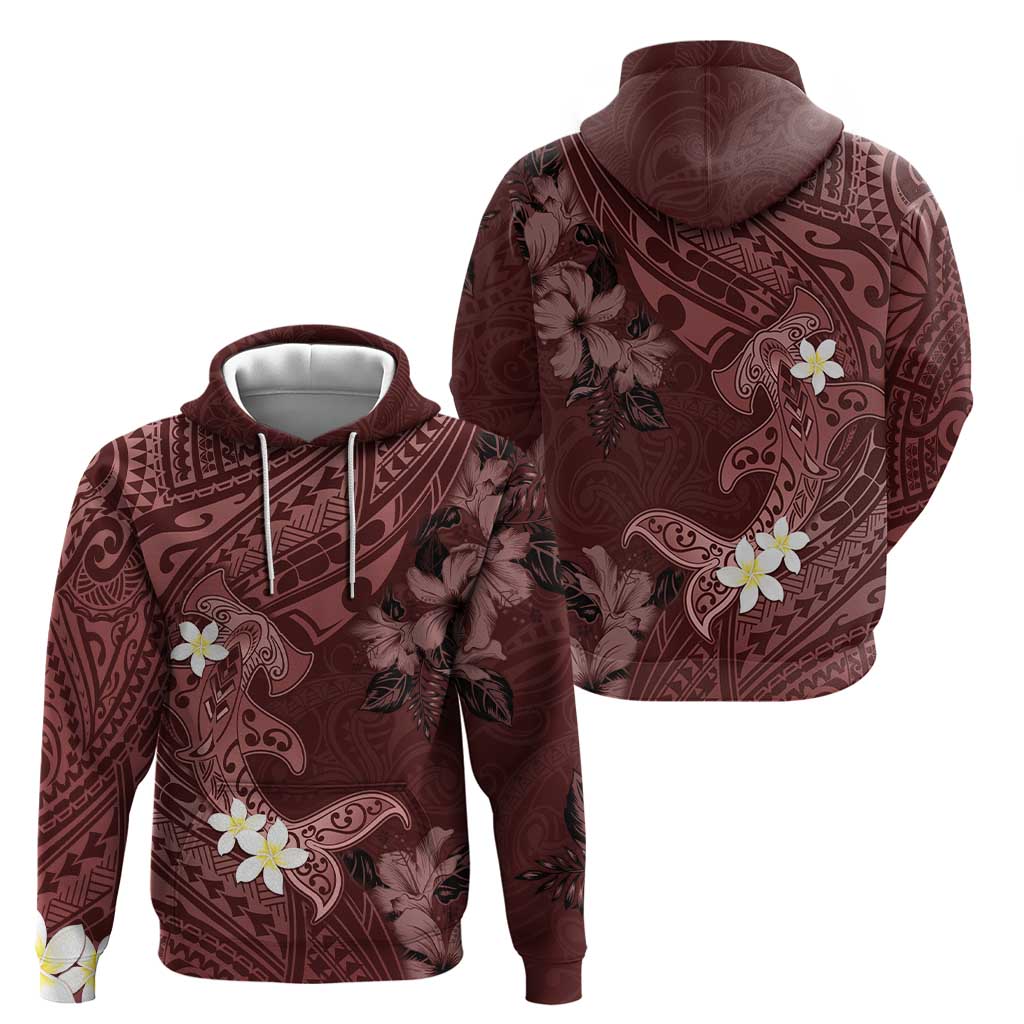Polynesia Hammerhead Shark Zip Hoodie Tropical Flowers Tribal Pattern Oxblood LT05 - Polynesian Pride