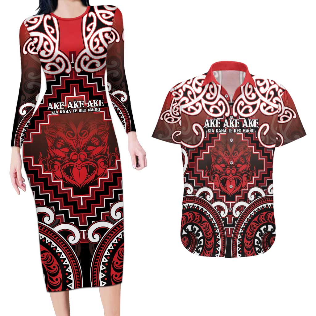 Personalised New Zealand Aotearoa Couples Matching Long Sleeve Bodycon Dress and Hawaiian Shirt Te Reo Maori Ake Ake Ake - Polynesian Pride