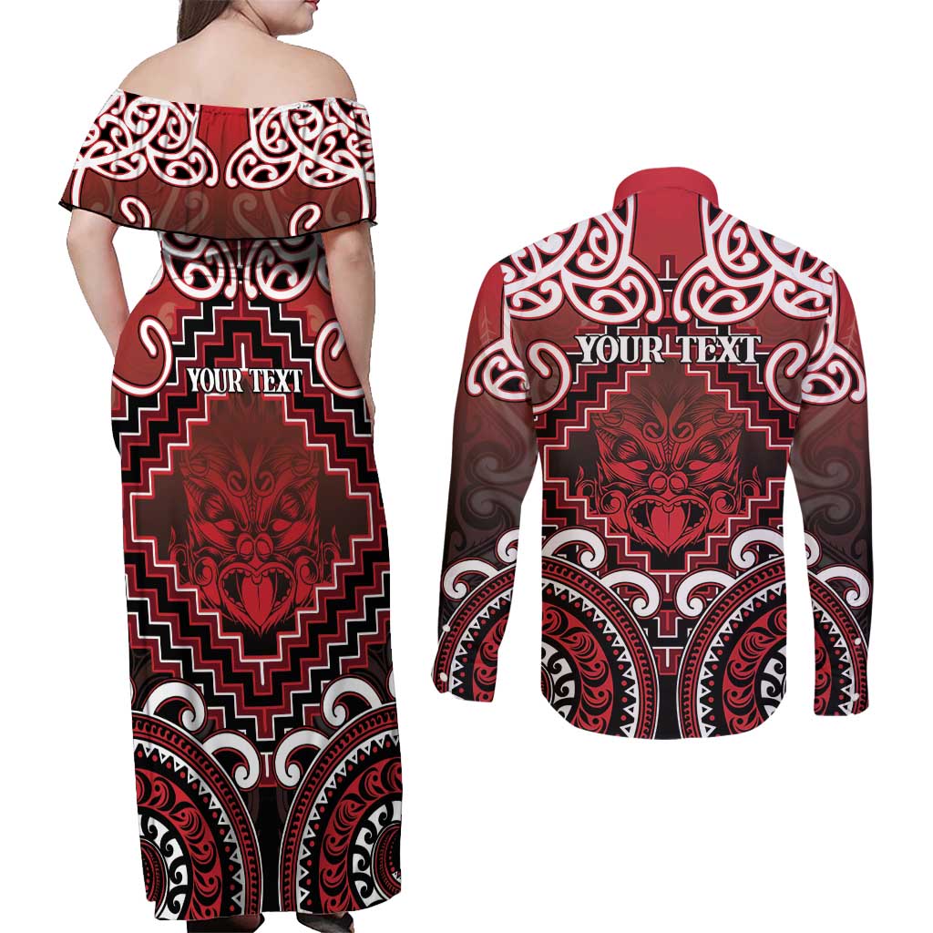Personalised New Zealand Aotearoa Couples Matching Off Shoulder Maxi Dress and Long Sleeve Button Shirt Te Reo Maori Ake Ake Ake - Polynesian Pride