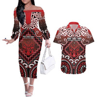 Personalised New Zealand Aotearoa Couples Matching Off The Shoulder Long Sleeve Dress and Hawaiian Shirt Te Reo Maori Ake Ake Ake - Polynesian Pride