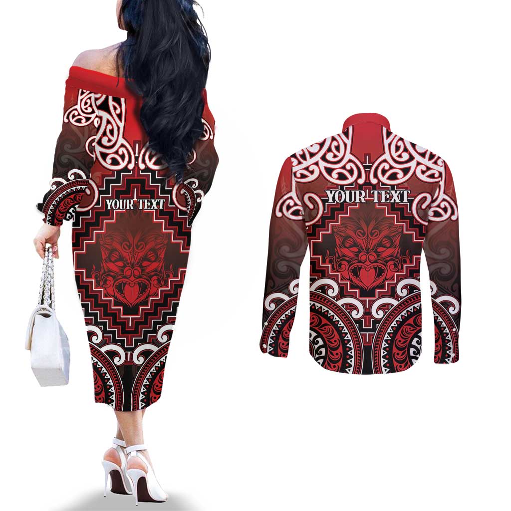 Personalised New Zealand Aotearoa Couples Matching Off The Shoulder Long Sleeve Dress and Long Sleeve Button Shirt Te Reo Maori Ake Ake Ake - Polynesian Pride