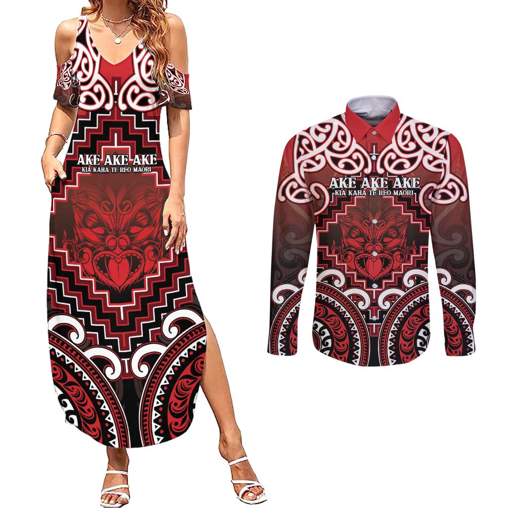 Personalised New Zealand Aotearoa Couples Matching Summer Maxi Dress and Long Sleeve Button Shirt Te Reo Maori Ake Ake Ake - Polynesian Pride