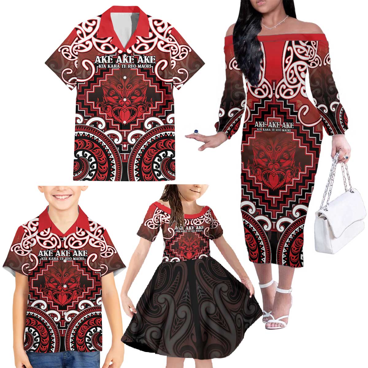 Personalised New Zealand Aotearoa Family Matching Off The Shoulder Long Sleeve Dress and Hawaiian Shirt Te Reo Maori Ake Ake Ake - Polynesian Pride