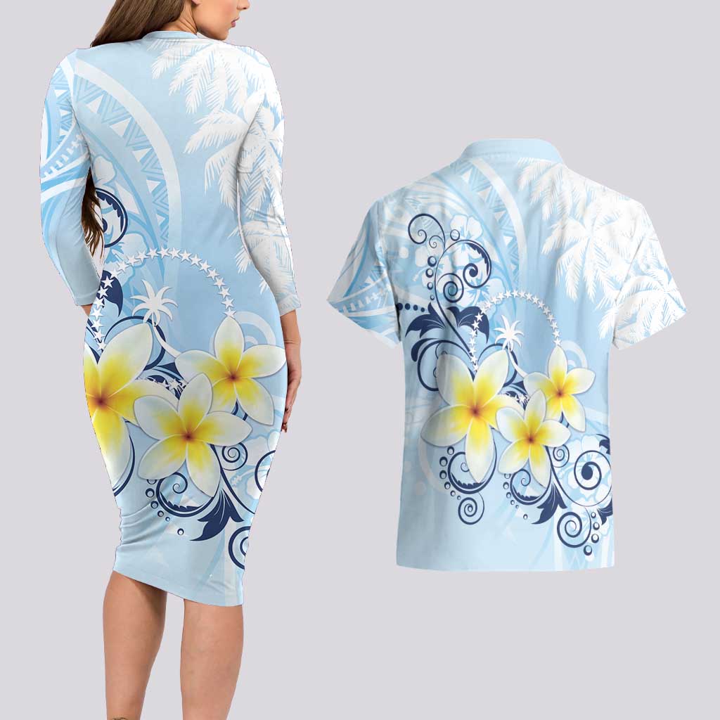 FSM Chuuk Constitution Day Couples Matching Long Sleeve Bodycon Dress and Hawaiian Shirt Polynesian Curves Plumeria - Polynesian Pride