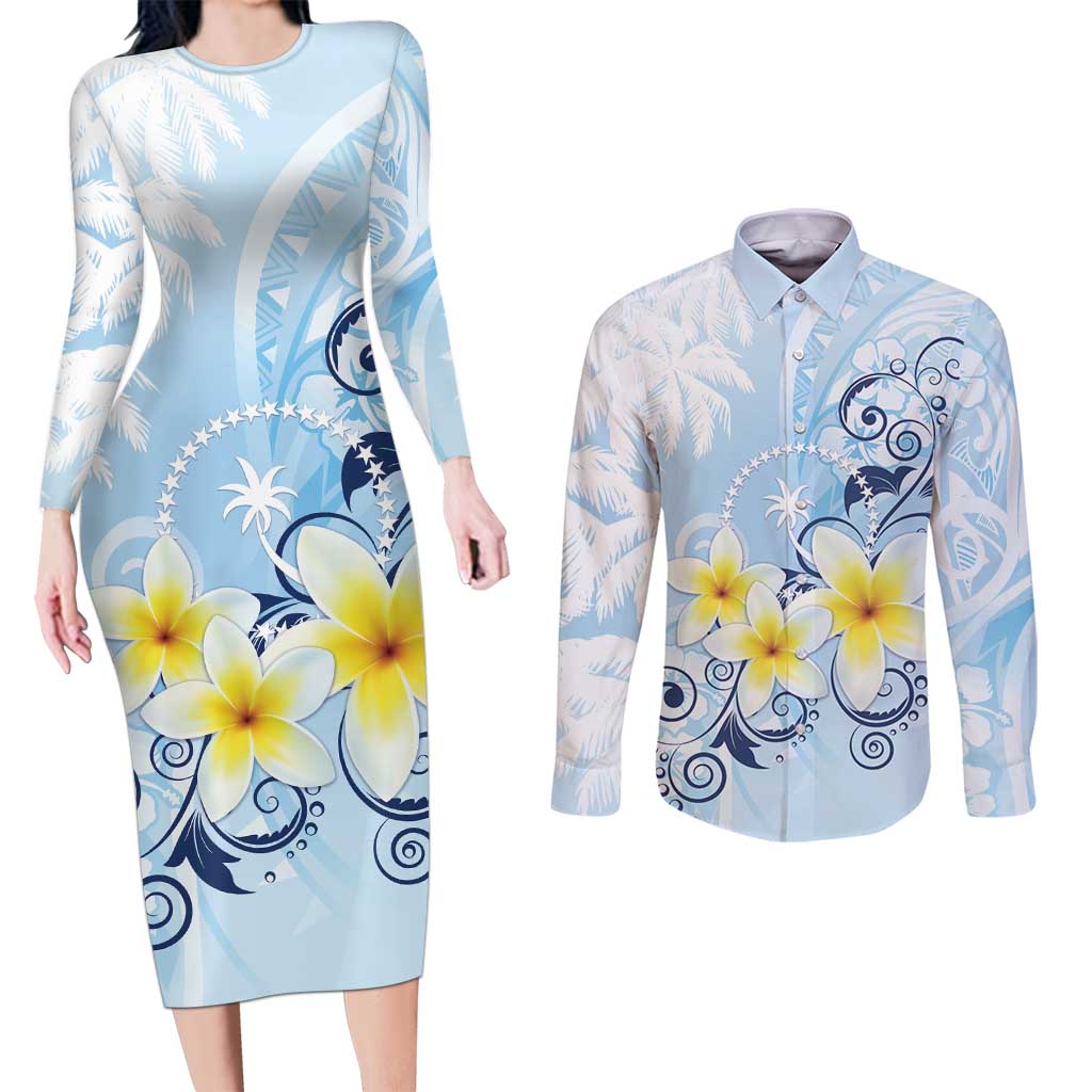 FSM Chuuk Constitution Day Couples Matching Long Sleeve Bodycon Dress and Long Sleeve Button Shirt Polynesian Curves Plumeria - Polynesian Pride